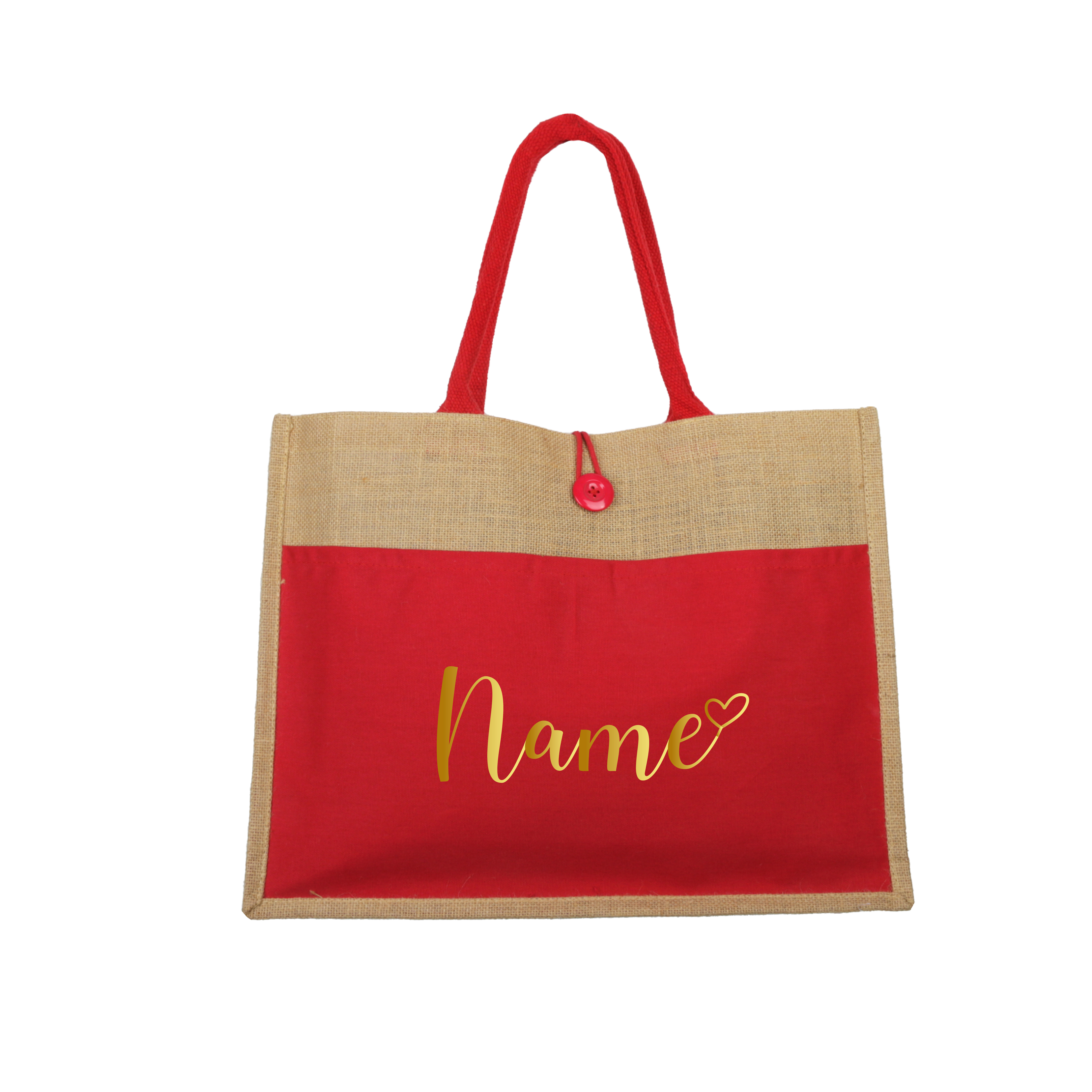 Personalised Jute Bag with Red Canvas Pocket 